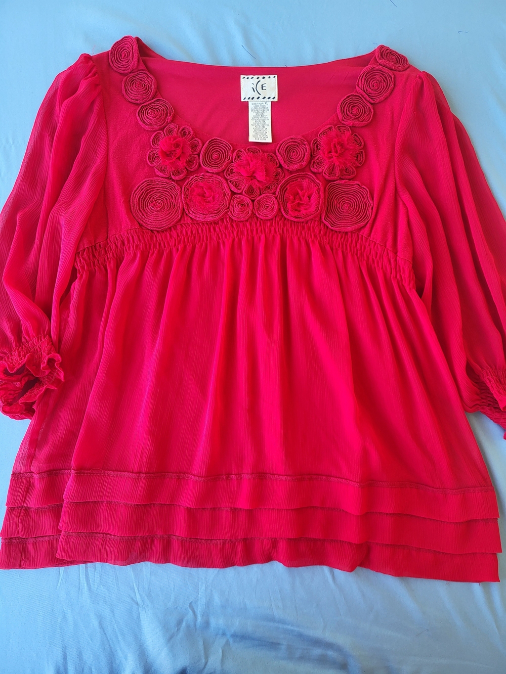Vintage ICE Red Chiffon Rosette Babydoll Blouse